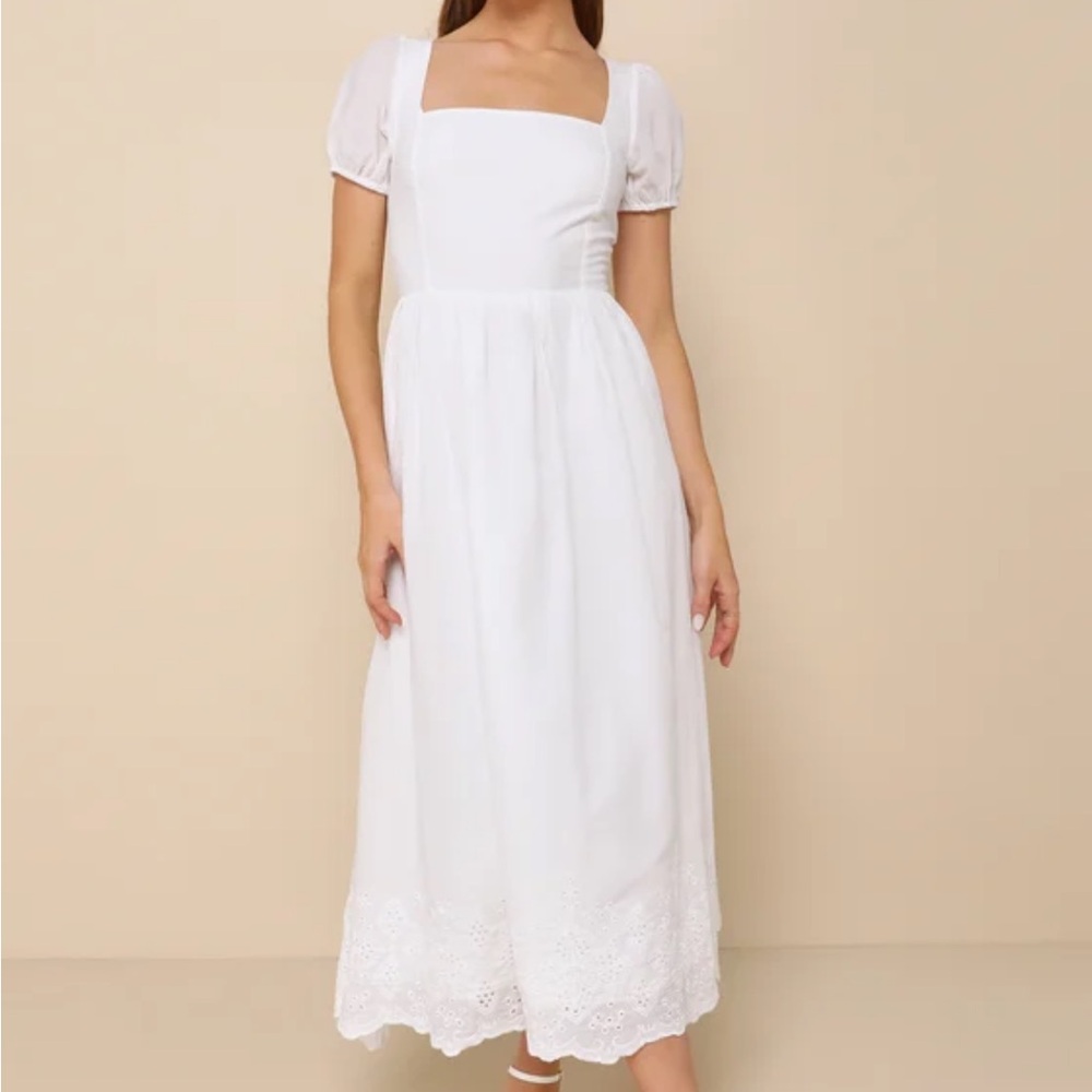 Lulu's White Midi Dress with Puff Sleeves
